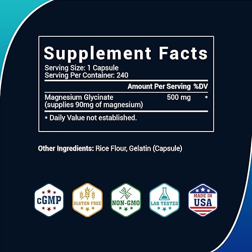Miniatura 4 de Glicinato de magnesio 500 mg  Magnesio quelado de alta absorción para dormir, estrés, apoyo muscular y nervioso  Sin OMG, suave para el estómago