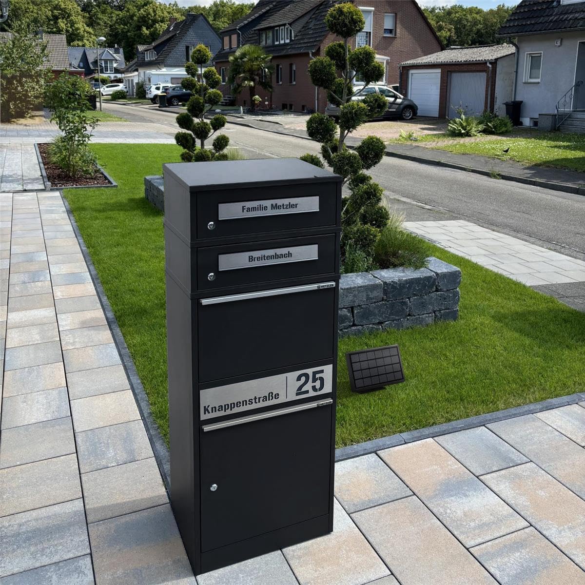 LED Illuminated Parcel Letter Box with Name Engraving, Solar Powered and Lockable, Black with Engraving, Weatherproof and Freestanding, with Two Letter Boxes, Space Saving for DHL M Parcels