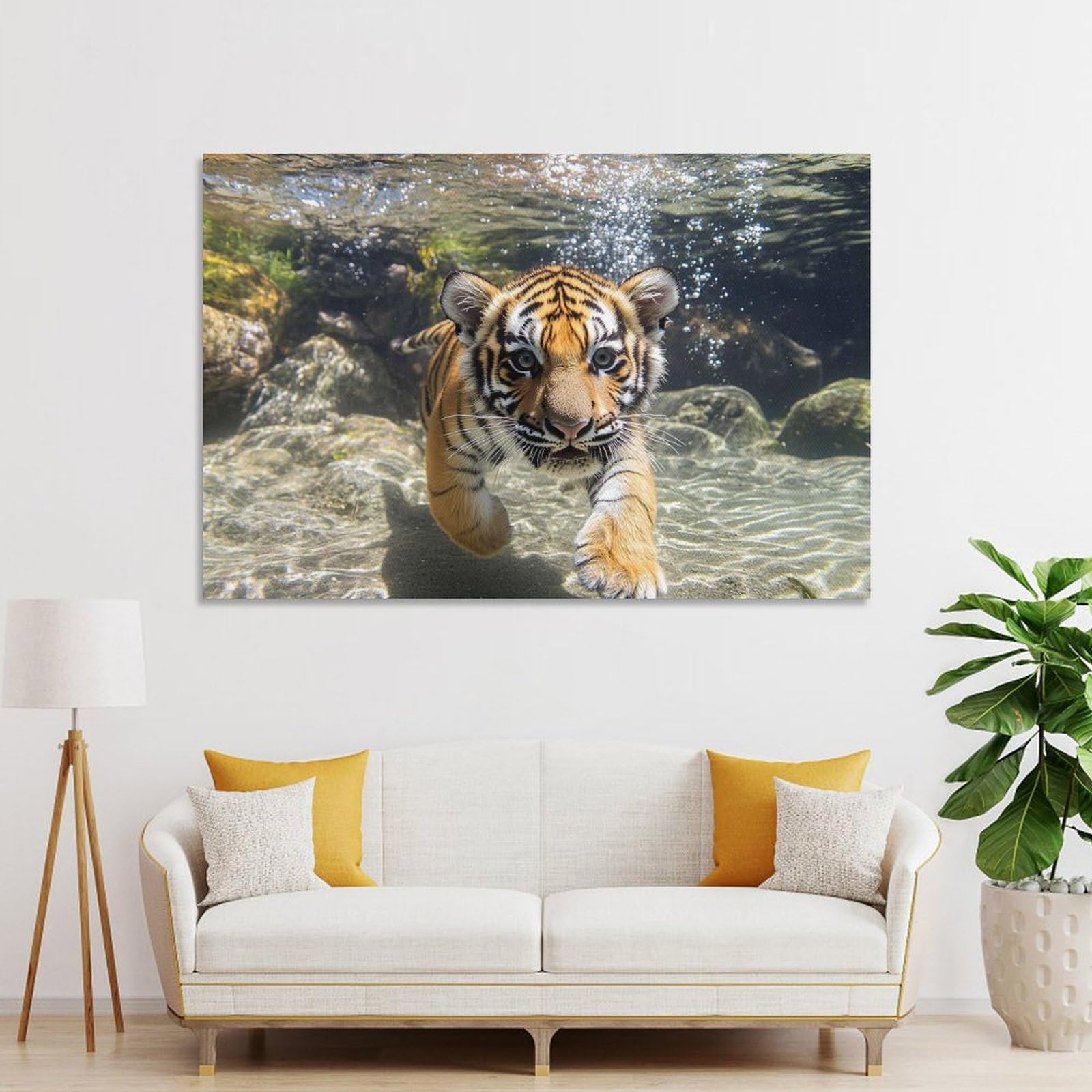 Junmoney Tiger Cub Underwater Portrait Canvas Wall Decor, 16x24inch(40x60cm), for Gallery Wall Decor And Room Displays, Wall Decor Suited to Curated Displays