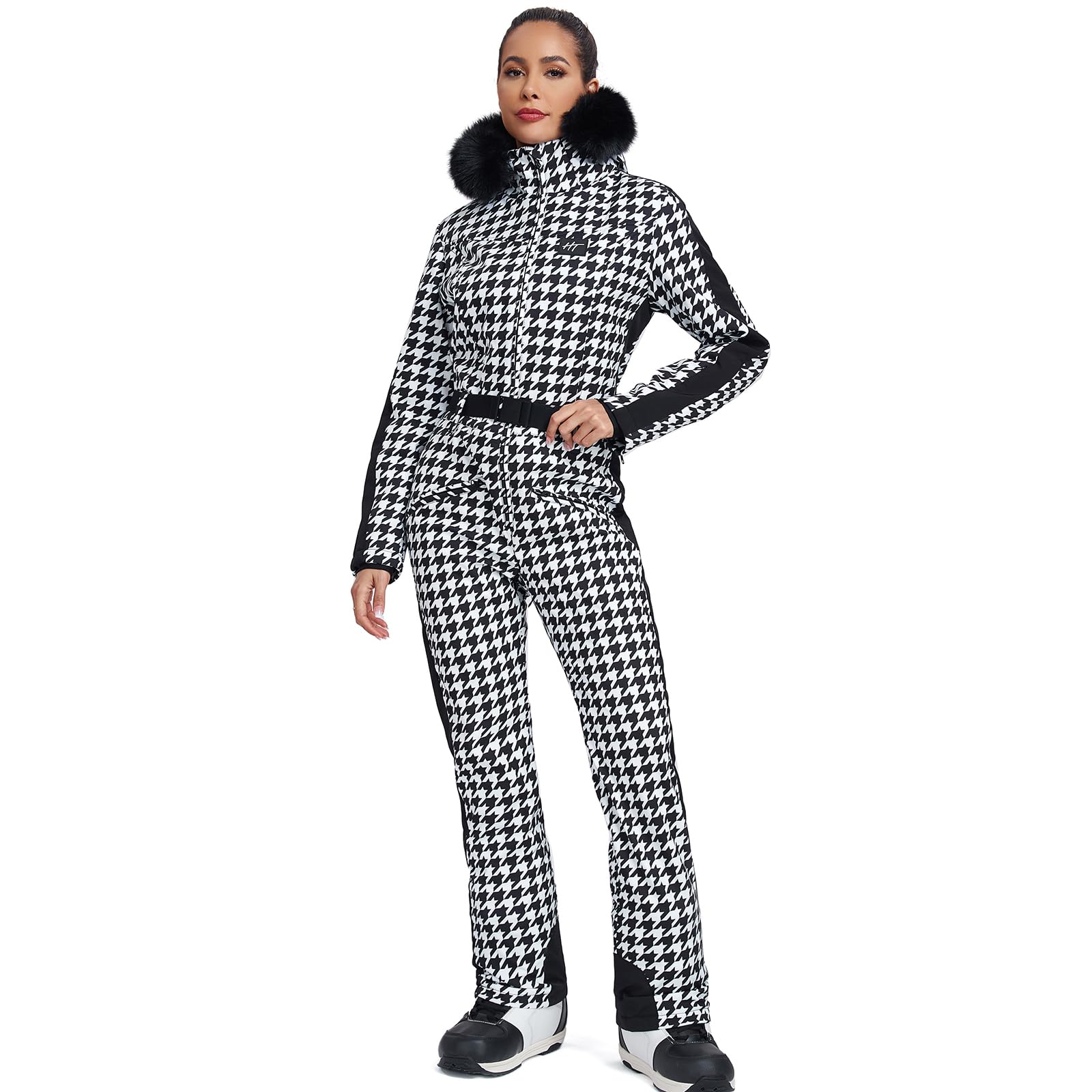 HOTIAN Traje de esquí de una pieza para mujer, traje de esquí cálido para mujer, traje de nieve, impermeable, resistente al viento, mono de nieve, mono con capucha