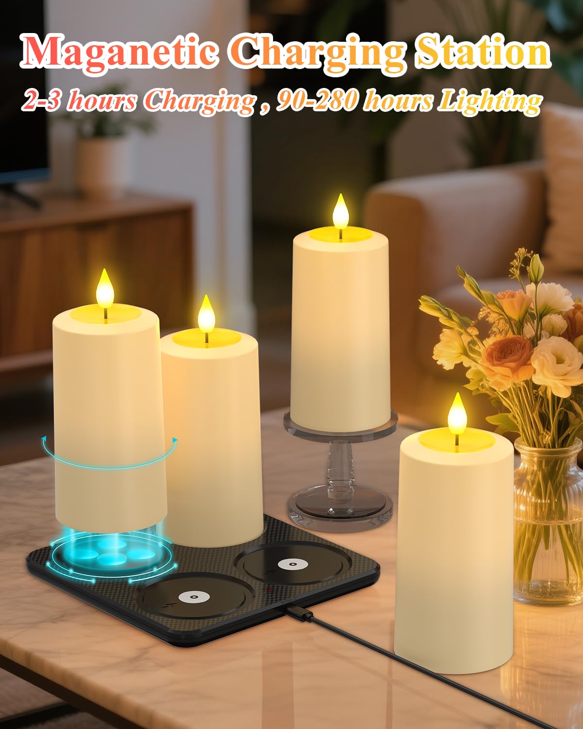 SoulBay LED Kerzen Outdoor Aufladbar mit Timerfunction für Garten 4er Set | Aufladbare Kerzen mit Ladestation & Fernbedienung, Wasserdicht LED Stumpenkerzen für Party Zimmer Halloween Deko Weihnachten