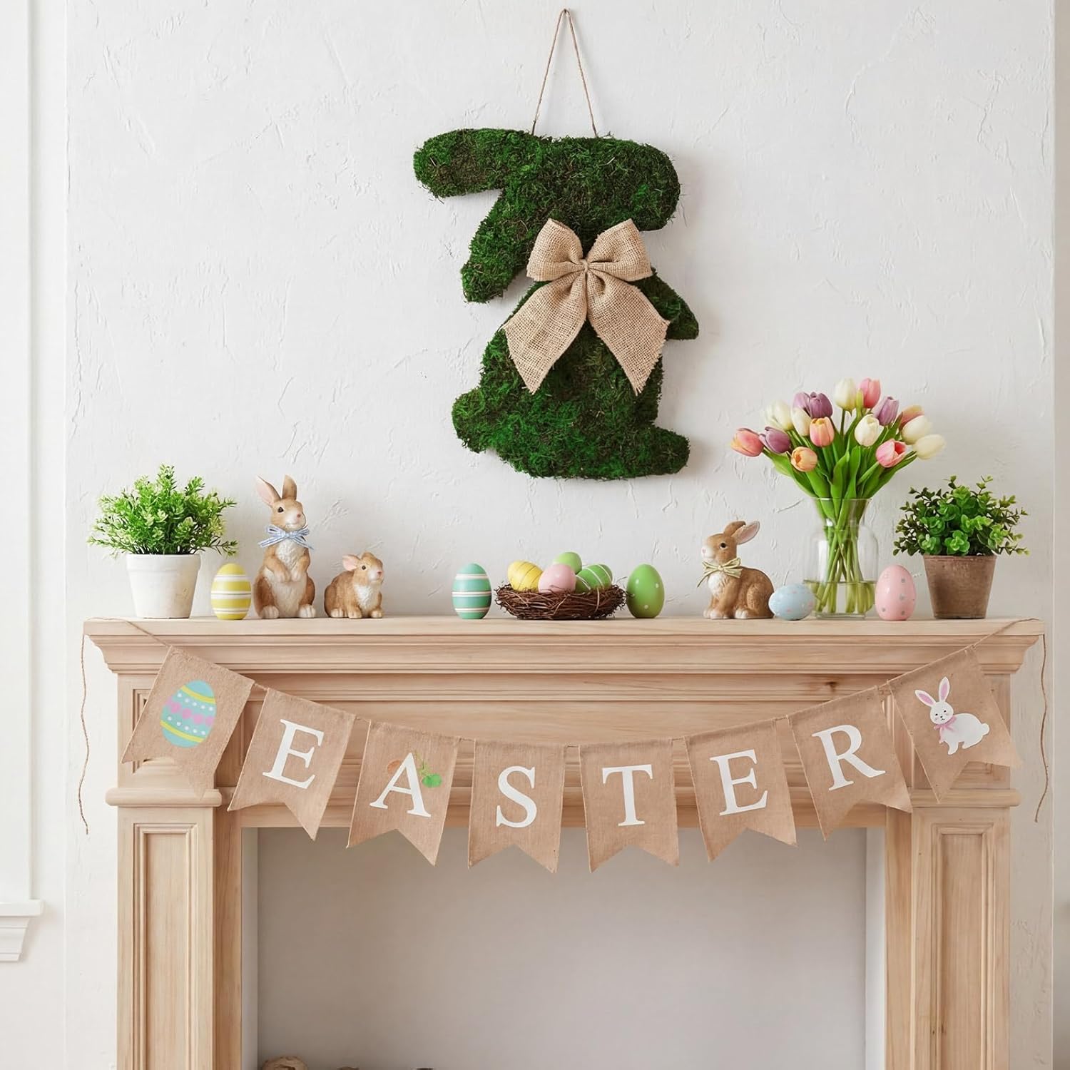 Amyhill Easter Moss Bunny Wreath for Front Door Fake Moss Bunny Sign Hanging Wooden Wreath with Burlap Bow for Spring Porch Wall Home Farmhouse Indoor Outdoor Decor