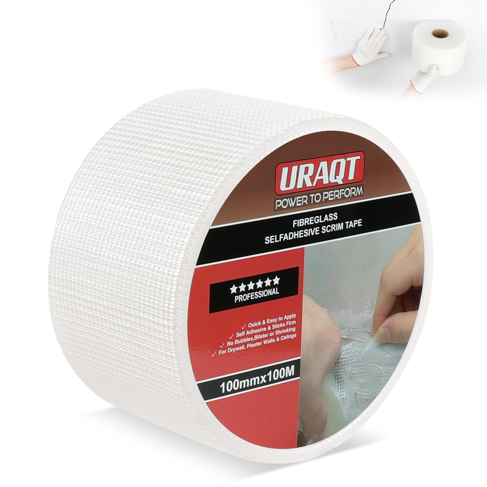 URAQT Plasterboard Drywall Mesh Tape, 100mm×50m Self Adhesive Breathable Scrim Tape Plastering Mesh, Tile Backer Board and Drywall Joint Tape, For Wall Cracks Fill Patching Holes Ceiling (White)
