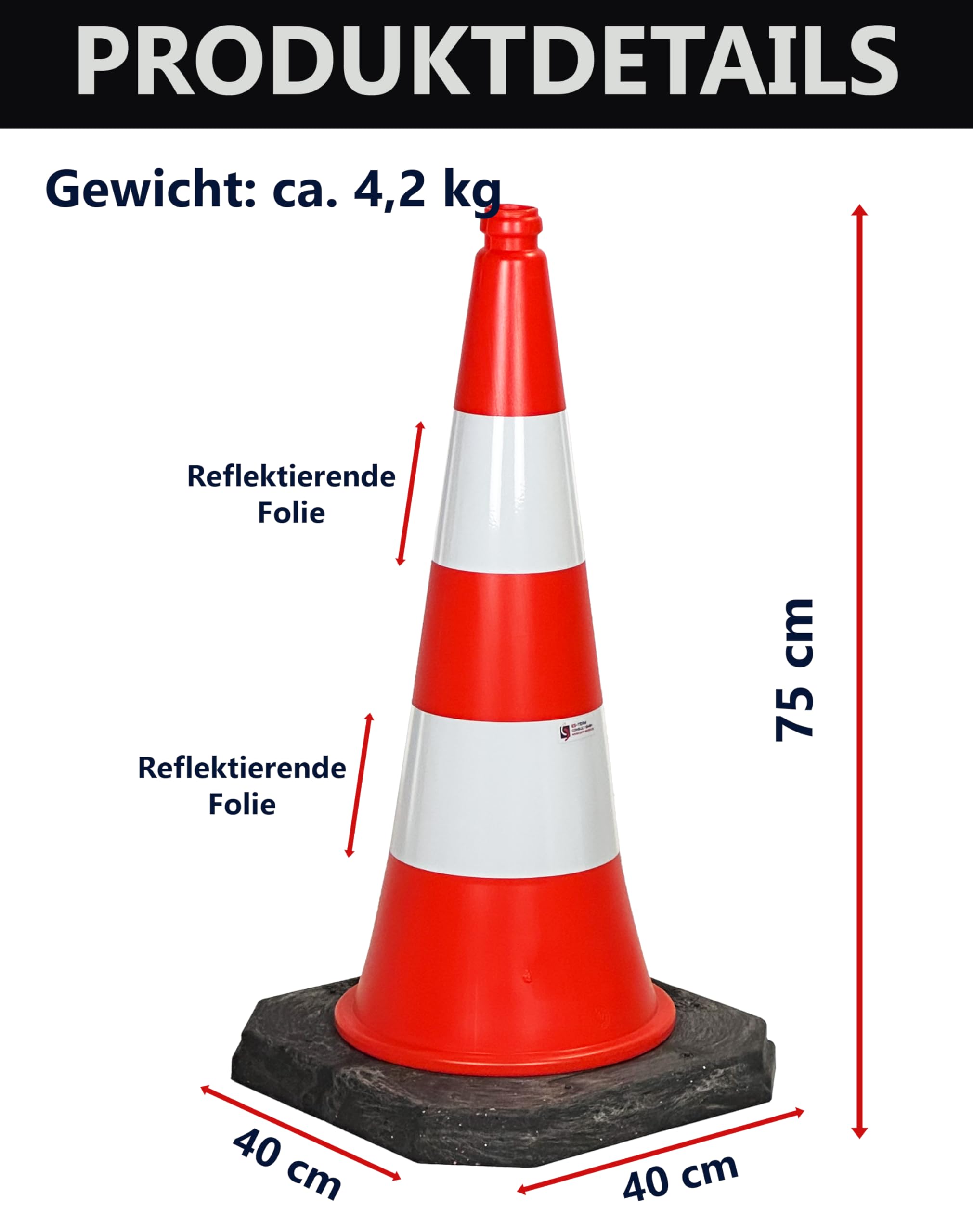 Leitkegel UvV Kingsize mit reflektierenden Streifen auch bei Nacht sichtbar dank starker Reflektion (4 Stück, 75 cm, 4,2 kg schwer)