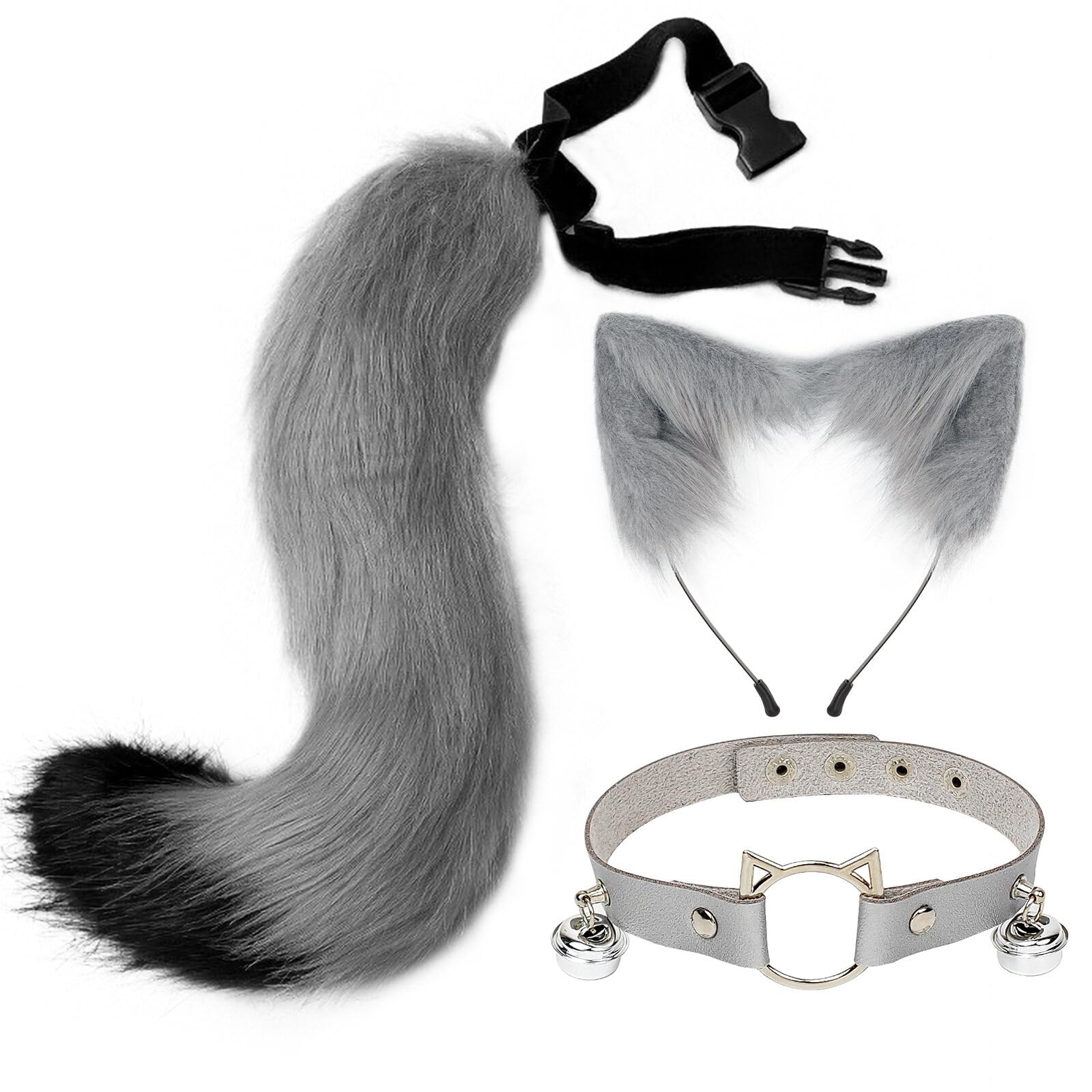 Tail and Ears Set Long Fox Tail Cosplay Faux Fur Furry Fox Wolf Tail Kit with Ears and Bells Collar for Anime Fancy Dress Party Halloween Christmas Dress Up Carnival Role Play