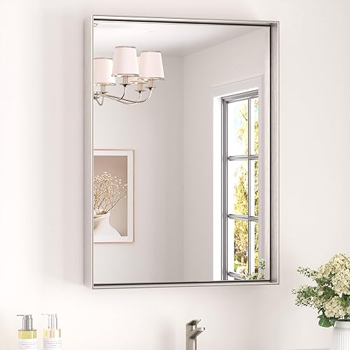 Miniatura 344 de Keonjinn Espejo de baño dorado de 48 x 36 pulgadas, espejo rectangular con marco de metal dorado cepillado, espejo de pared grande rectangular