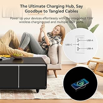 LIVTAB Smart Coffee Table, Living Room Table with Built in Fridge, 23" D x 41.5" W x 18.2" H, 15W Wireless Charging, USB Chargers and Speakers (LT90-FreezerX, Brown)