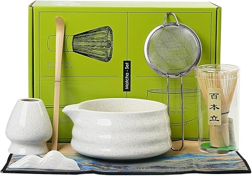 Miniatura 9 de Juego de ceremonia de té matcha, kit tradicional de 7 piezas con batidor de bambú, cuenco de cerámica, colador, soporte para batidor y descanso
