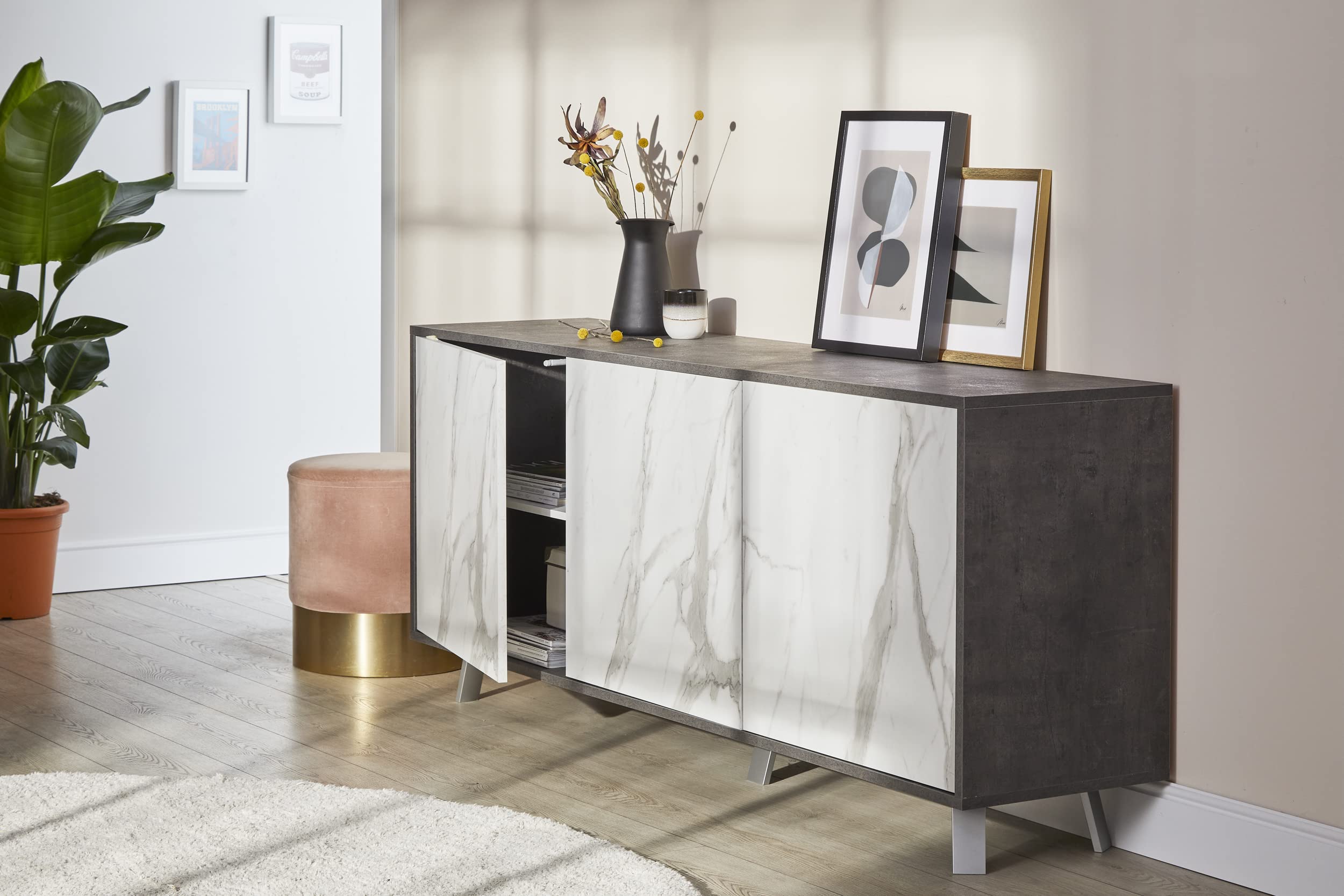 Sarmog Mobile 3 ante, Madia soggiorno moderna, Mobile tv, Madia soggiorno, 3 ante apertura push pull, Made in Italy, Kit 74x177x41 (Ossido nero/Marmo calacatta)
