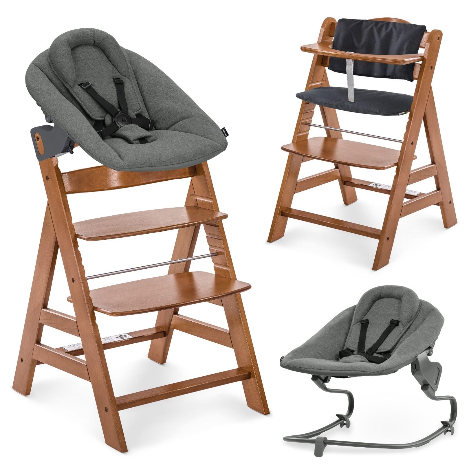 hauck Alpha+ Newborn Set mit Premium Bouncer Dark Grey - Baby Holz Hochstuhl ab Geburt mit Liegefunktion - extra flacher Aufsatz für Neugeborene & Sitzpolster - Walnuss - 2