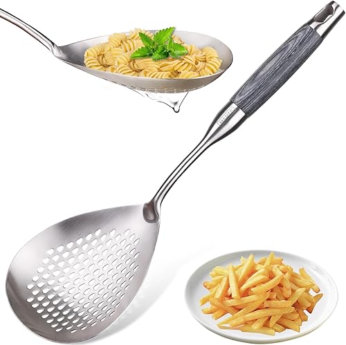 MARTE Cuchara ranurada de 14.8 pulgadas para pasta, cuchara para cocinar y freír, cuchara coladora de cocina con mango de madera negra resistente al