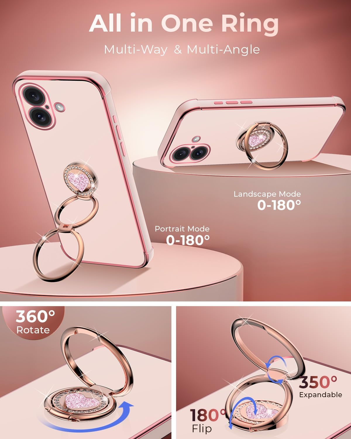 XYZ for iPhone 16 Plus Case with Stand, Phone Case with Double Ring Kickstand, Women Girls Bling Luxury Protective Case Heart for iPhone 16 Plus, Pink - Image 3