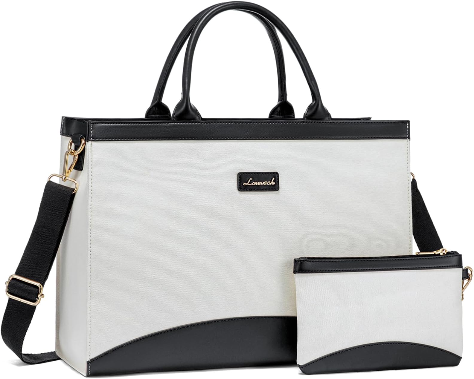 LOVEVOOK Laptop Tote Bag for Women,15.6 Inch Large Capacity Work Bag with Clutch Purse for Teacher, Canvas Computer Bag for Business fits Office College Travel Black & White