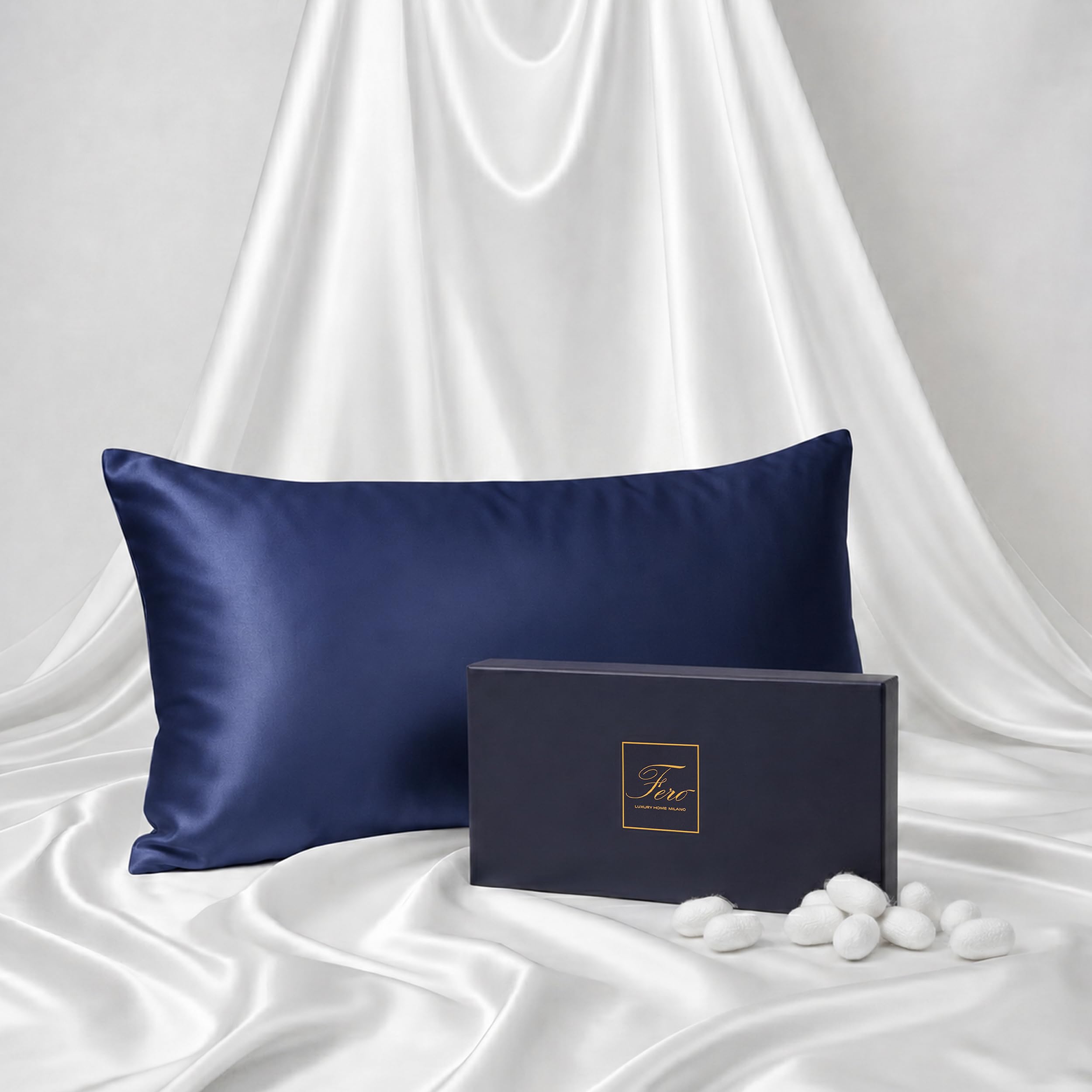 Ferò Kissenbezug Seide 40x80 cm Blau, aus 100% natürlicher Maulbeerseide, 22 Momme Grad 6A, Oeko-TEX Zertifiziert, Seidenkissenbezug Hypoallergen für Haar und Haut, Luxuriöse Geschenkidee