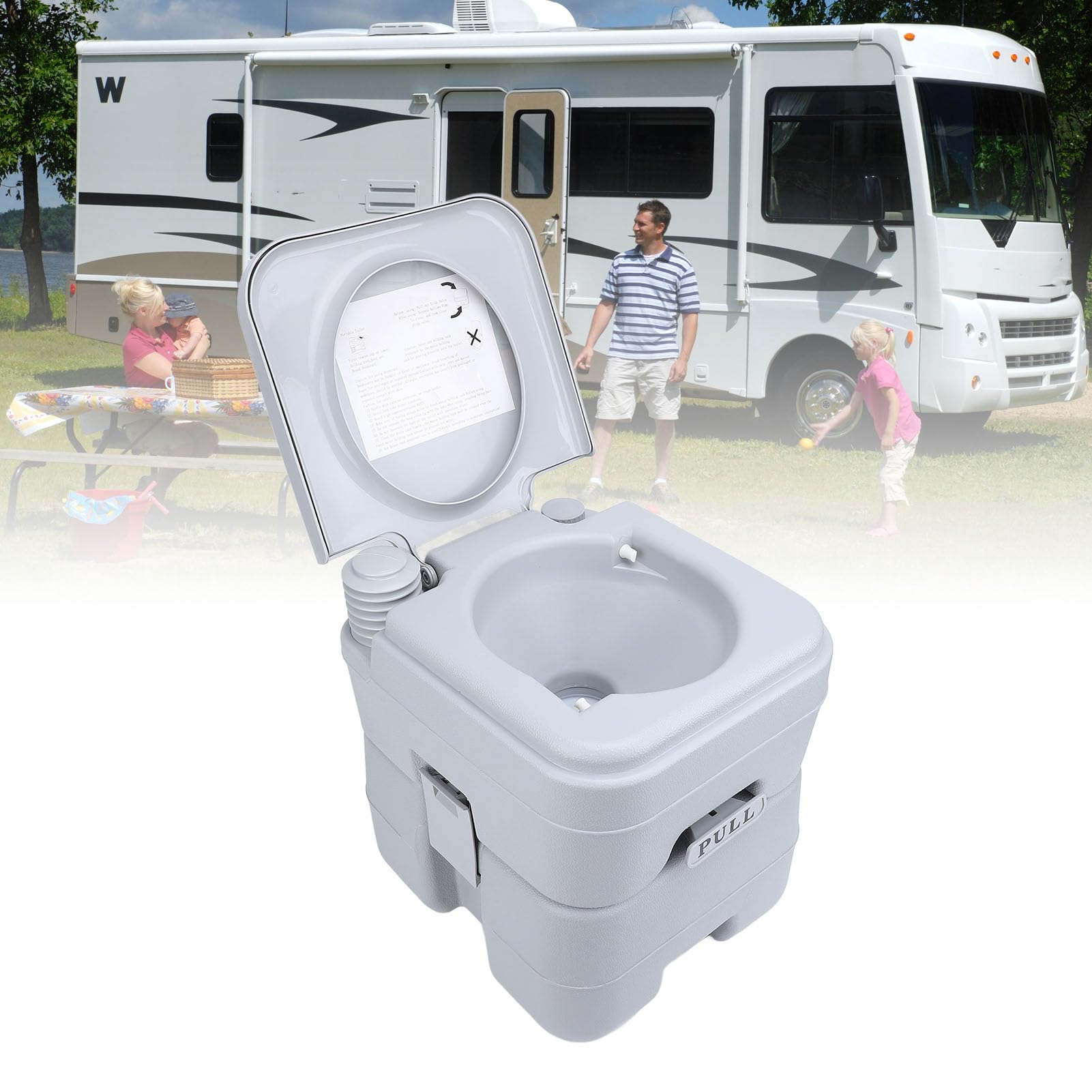 Inodoro Portátil para Acampar, Resistente, Fácil Descarga para Viajes en Vehículos Recreativos, ABS Gris, 20 L, 440 Lb, Inodoro para Interiores y Exteriores (Doble salida)