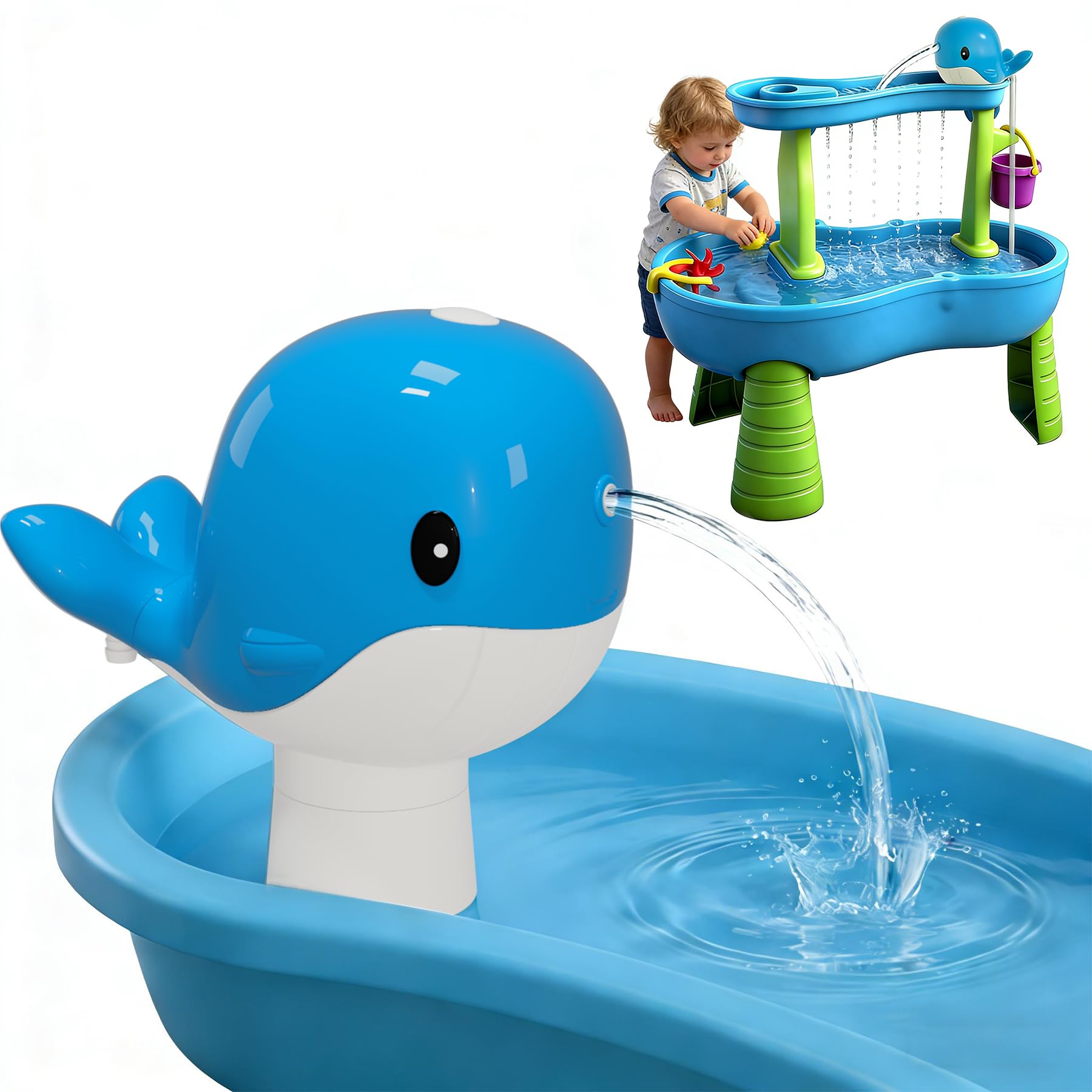 Junyobee Water Table Pump - Whale Rechargeable Water Pump for Water Table Accessories - Battery Powered Water Pump Continuous Flow 3 Hours Non-Stop Fun - Summer Outdoor Water Toys (Blue) - 2