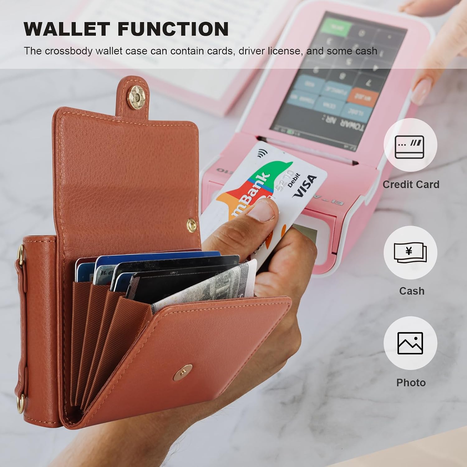 KIHUWEY for Samsung Galaxy Z Flip 4 Wallet Case, Crossbody Purse with Credit Card Slot Holder RFID Blocking PU Leather Adjustable Lanyard Detachable Strap Wrist for Women (Brown)