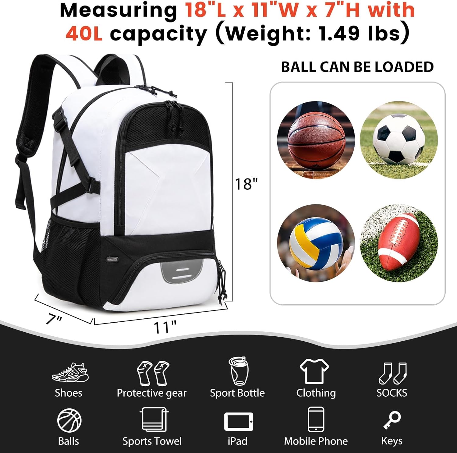 Basketball Backpack - Large Sports Equipment Bag with Ball Holder & Shoe Compartment for Basketball. (white) - Image 3