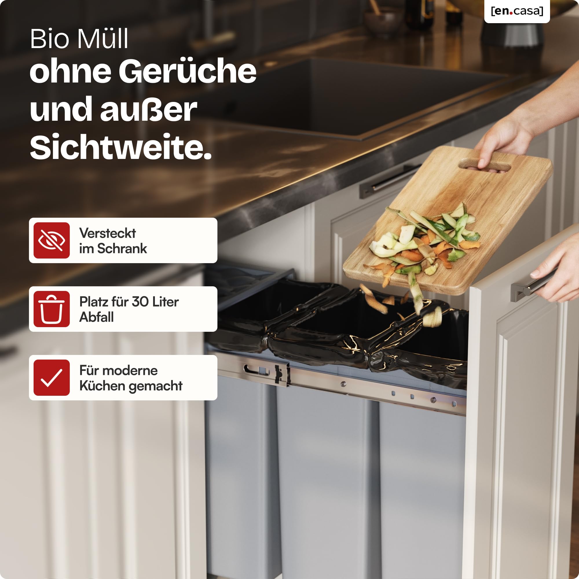 en.casa] Einbaumülleimer Froland Mülleimer 3 Fächer Mülltrennsystem ausziehbar Abfalleimer Küche 3x10L herausnehmbare Behälter 48 x 26 x 42 cm Küchenmülleimer Grau Küche, Haushalt & Wohnen