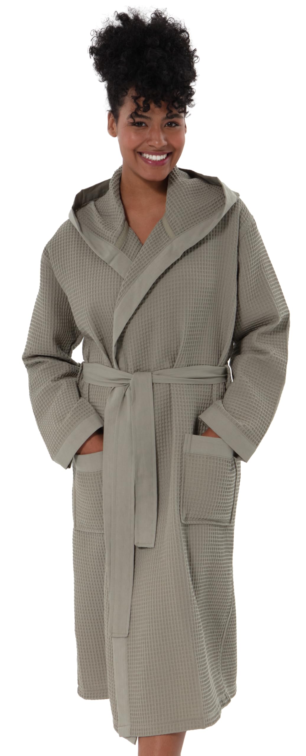 SEYANTE Womens Organic Cotton Waffle Kimono Hooded Robe GOTS Certified Lightweight Full-Length Spa Bathrobe with Piping