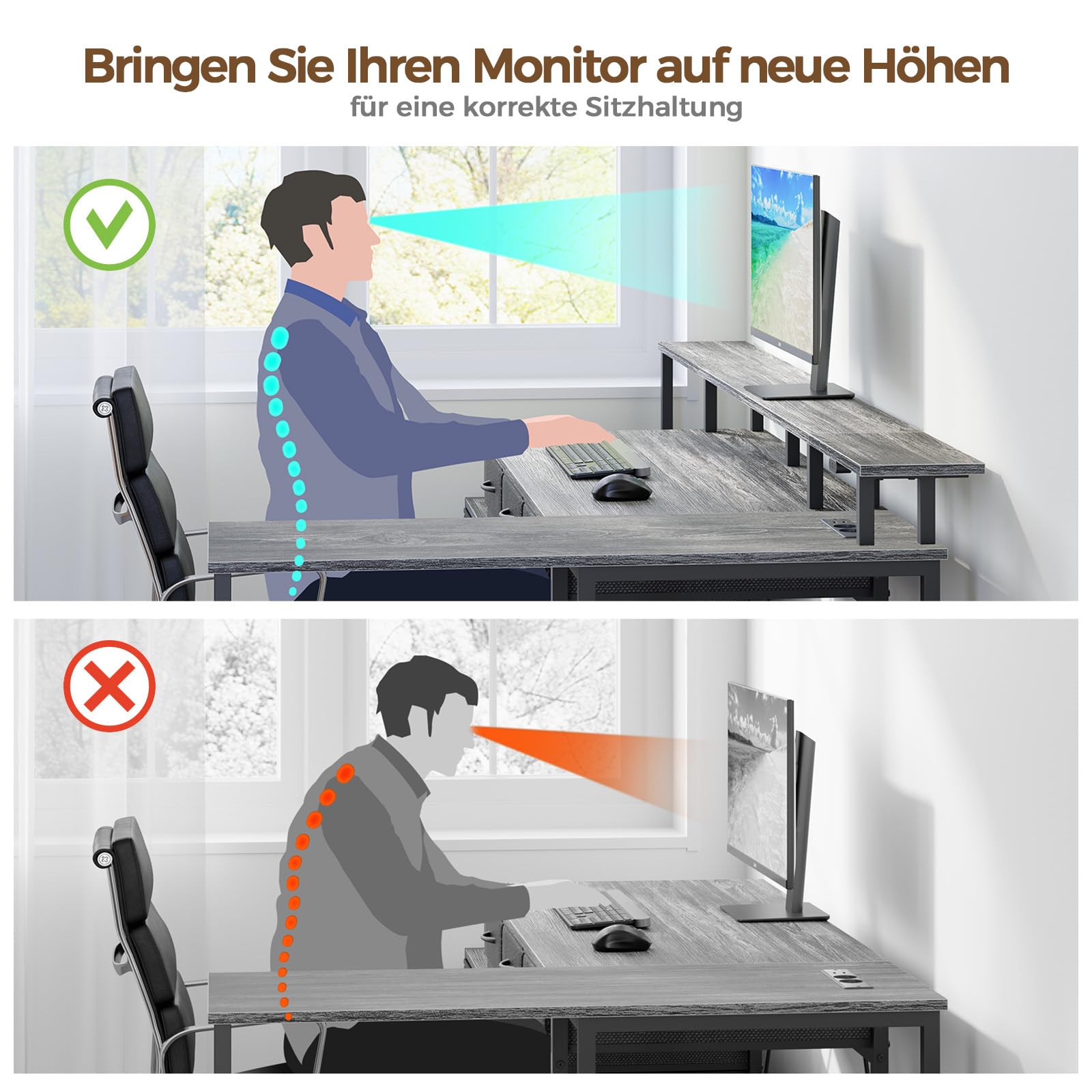 Rolanstar Schreibtisch L Form mit Schubladen, reversibler Gaming Tisch mit Steckdose, LED & Monitorständer 163 cm Computertisch für Büro Arbeitszimmer Schlafzimmer, grau