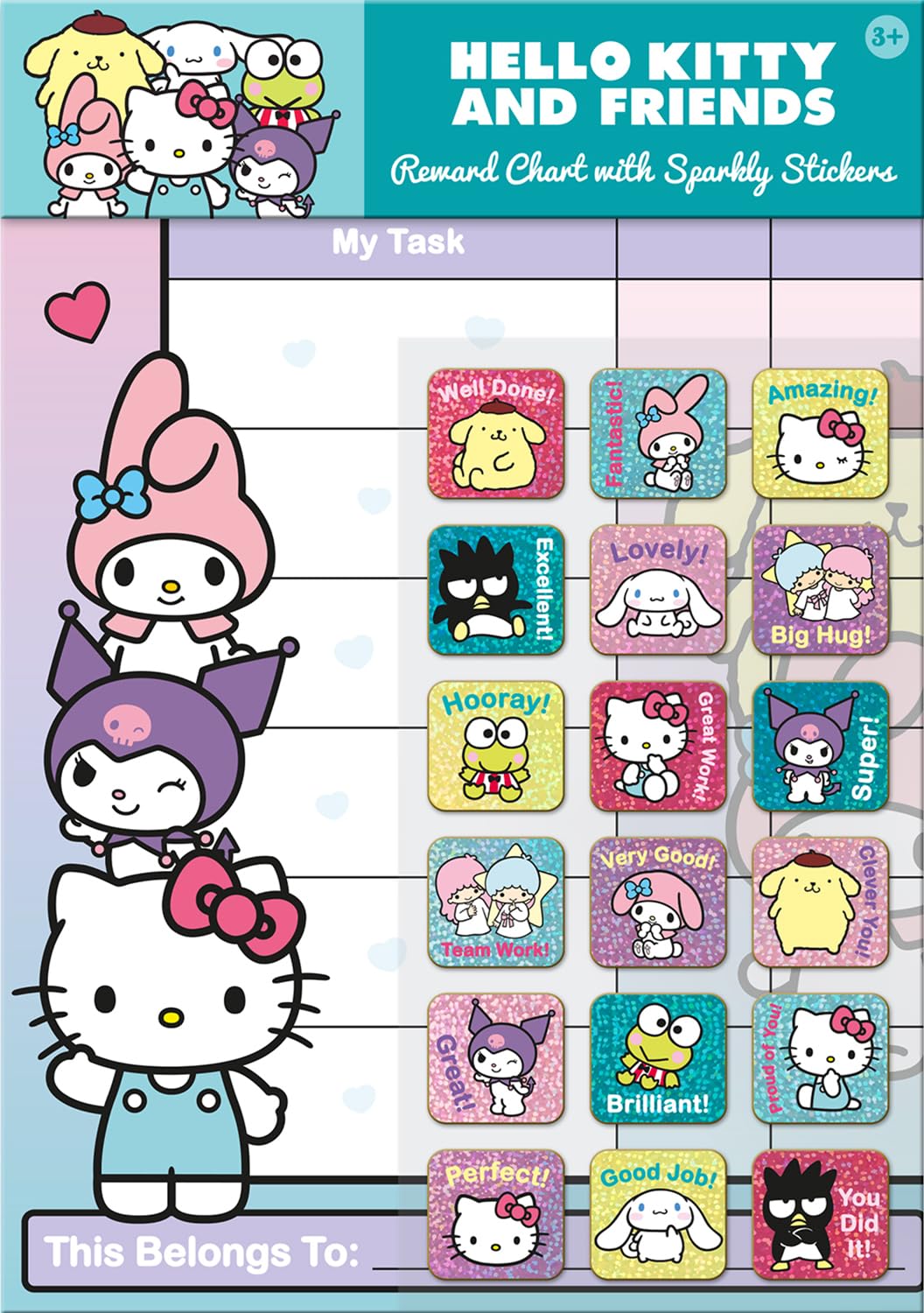 Hello Kitty and Friends A4 Reward Chart | 42 Colourful Sparkly Stickers Included | Wipe-clean Chart | Officially Licensed | Unisex, Age 3+ | Brilliant for encouraging good behaviour & completing tasks