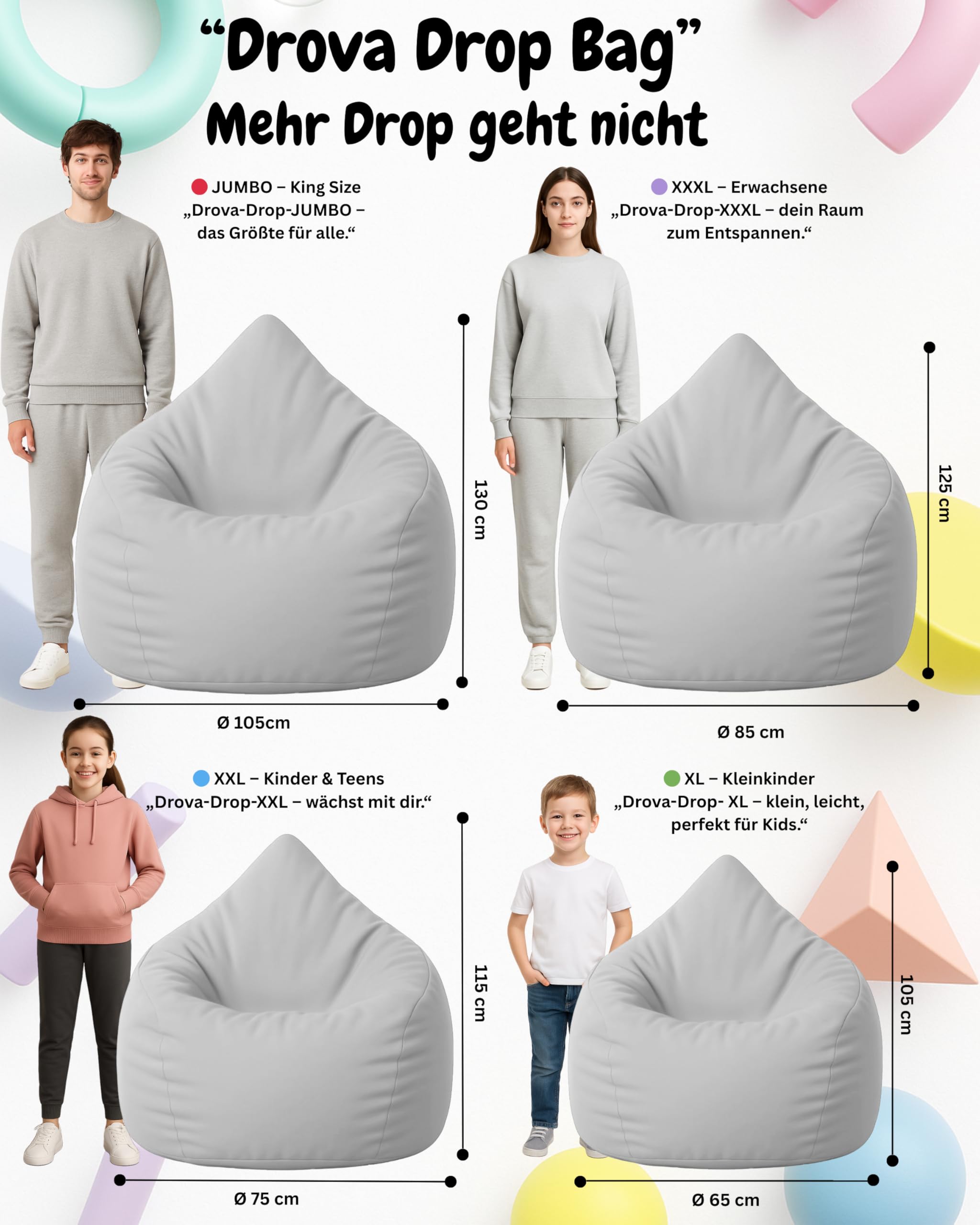 PATCH HOME Sitzsack Tropfenform – Beanbag - Mit Styropor-Füllung, Wasserabweisend, für Indoor & Outdoor, für Kinder und Erwachsene (Grau, Jumbo)