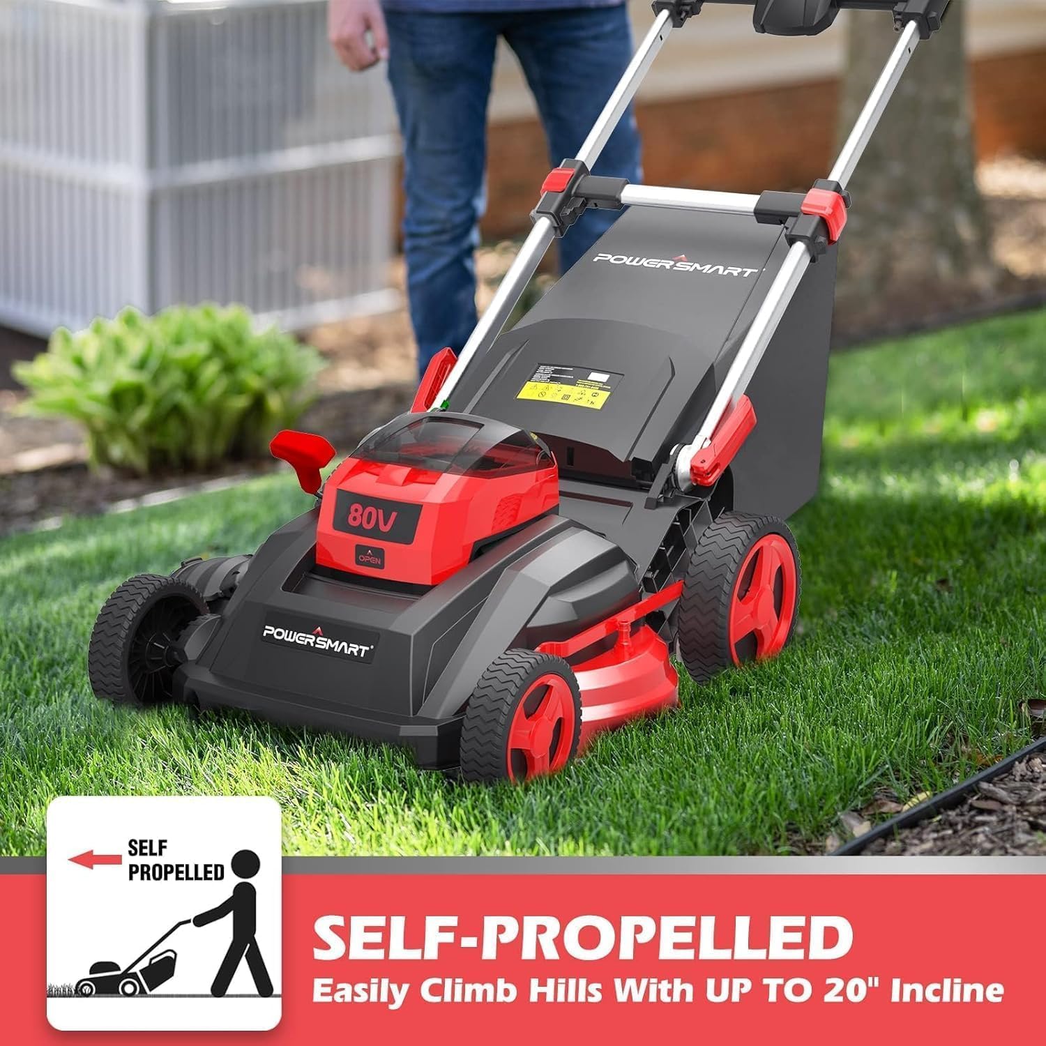 PowerSmart mower being used on a slight incline, showing self-propelled feature