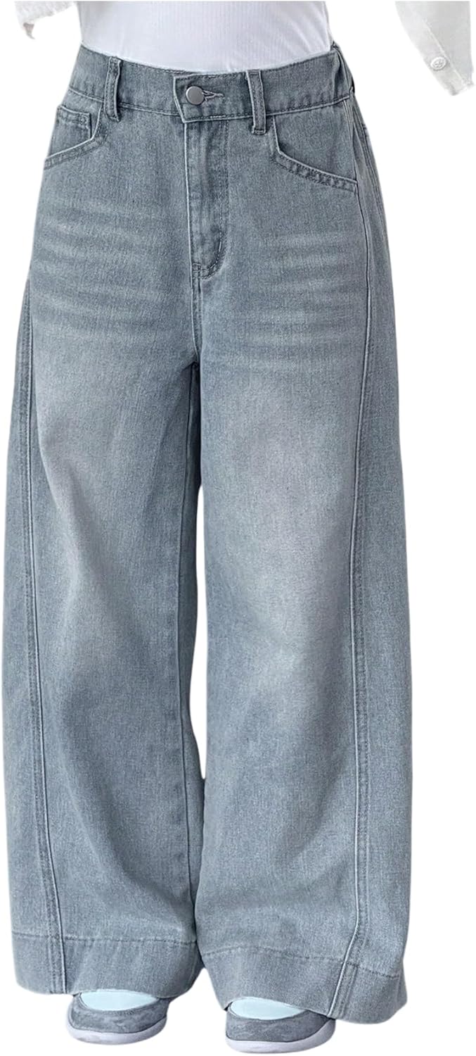 GORGLITTER Girl's Baggy Wide Leg Jeans Elastic High Waisted Denim Pants Bottoms Trousers with Pockets