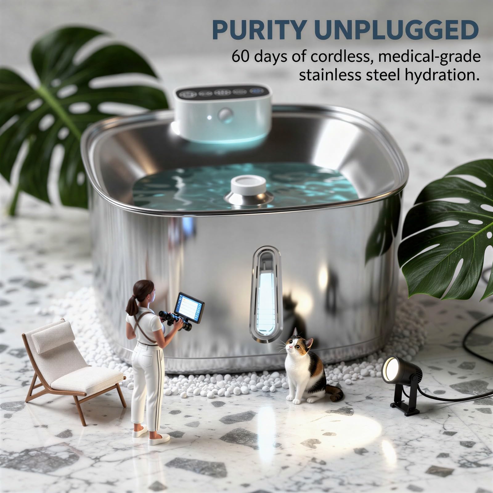 Fontana d'acqua per gatti, 2,6 l, in acciaio inox, senza fili, con batteria ricaricabile da 4000 mAh, fontanella automatica per gatti e cani da interni, doppia modalità di rilevamento