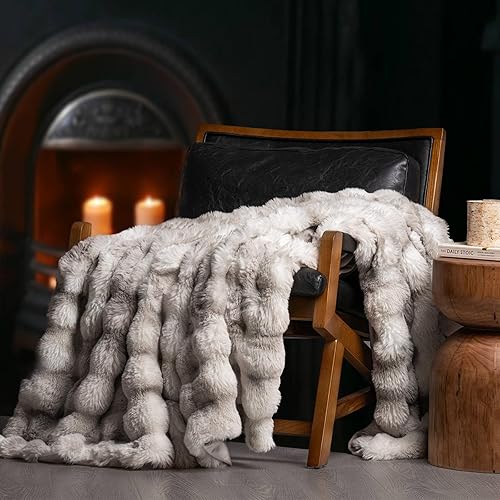 EverGrace Ultra Soft Luxury Fluffy Faux Rabbit Fur Throw Blanket, Thick Warm Bubble Throw for Bed, Cozy Plush Reversible Blankets for Couch, Chair, Sofa, Light Grey, 80x90 Inches