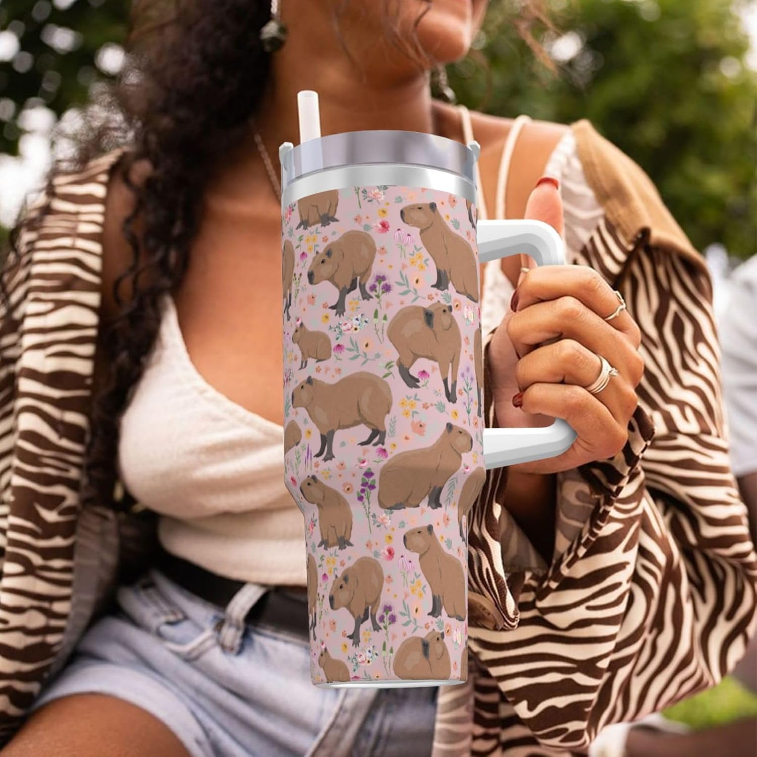 Capybara Gifts Capybara Tumbler Water Bottle Cups for Girls, Teens, Women, Men 40oz Stainless Steel Vacuum Insulated Tumbler with Lid and Straw for Water, Iced Tea or Coffee, Pink - Image 8