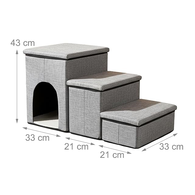 Foto 4 de 8 de Relaxdays Escalera para Perros, 3 peldaños, Resistente y Plegable, 43×75×33 cm, Gris Claro