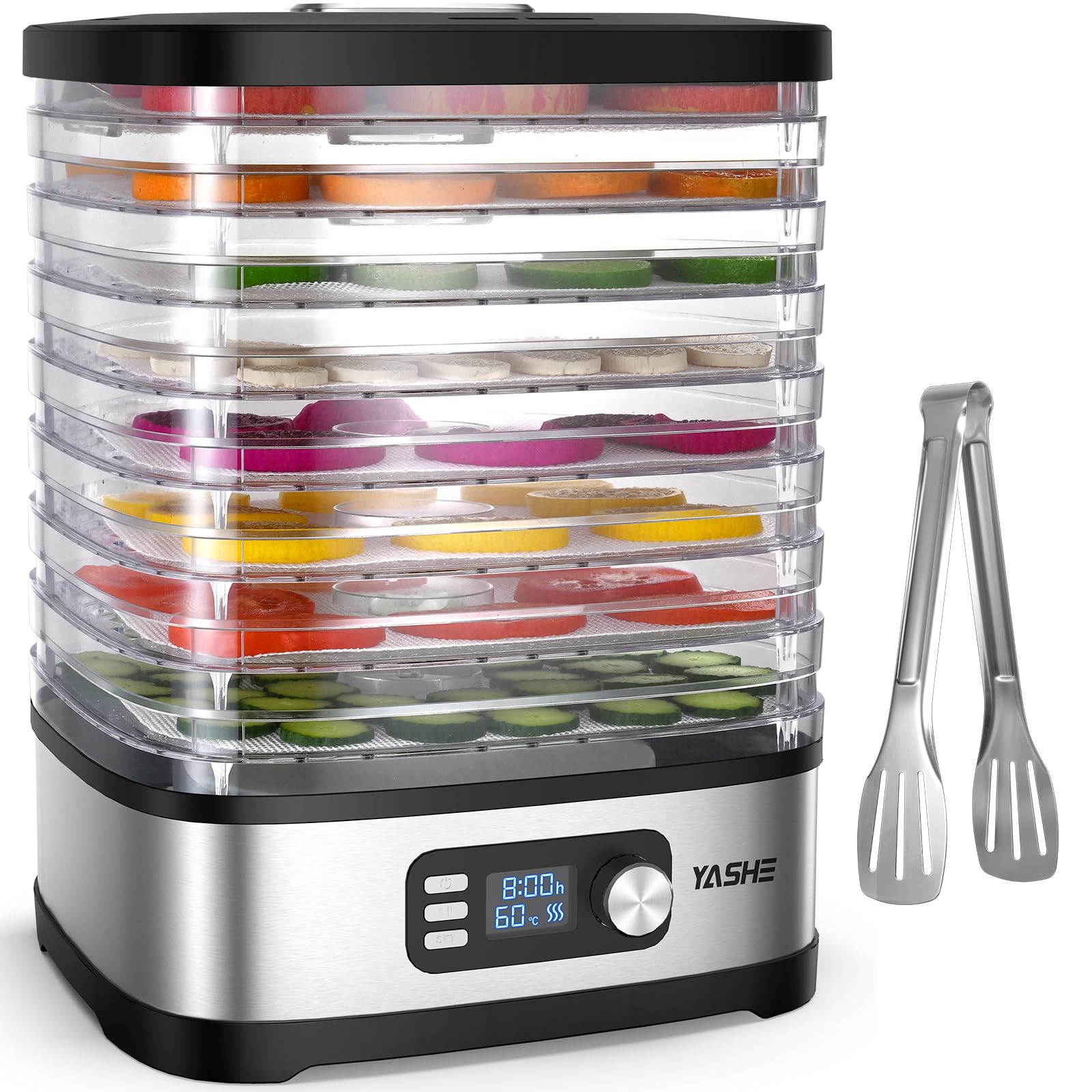 YASHE Deshydrateur Alimentaire 8 Plateaux, Minuteur Digital & Température Réglable, Plateaux Sans BPA, Feuilles en Maille & Rouleaux de Fruits, Pince Inox, Pour Jerky, Fruits, Légumes et Herbes
