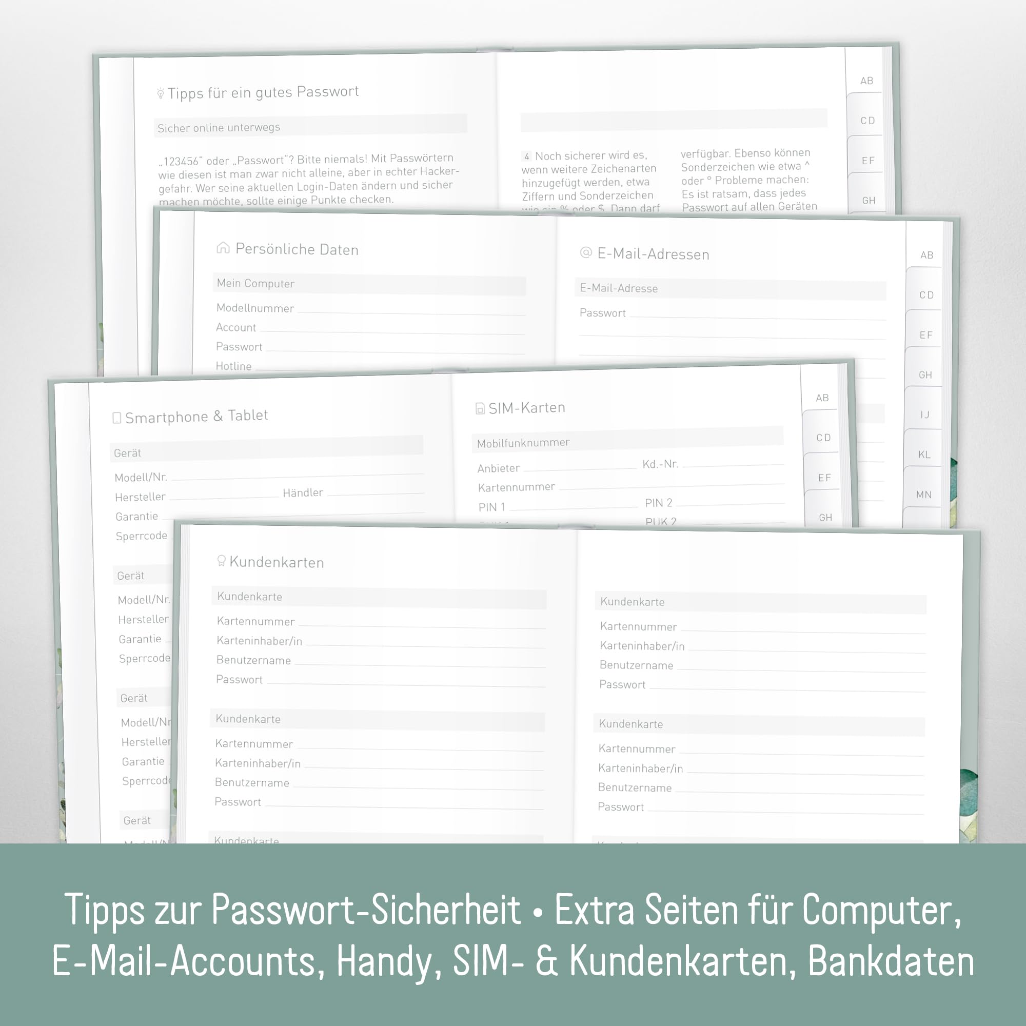 Paper&You® Password Book A6+ with Register A-Z "Minty Leaves" for 320 Access Data, Password Manager Small - Image 4
