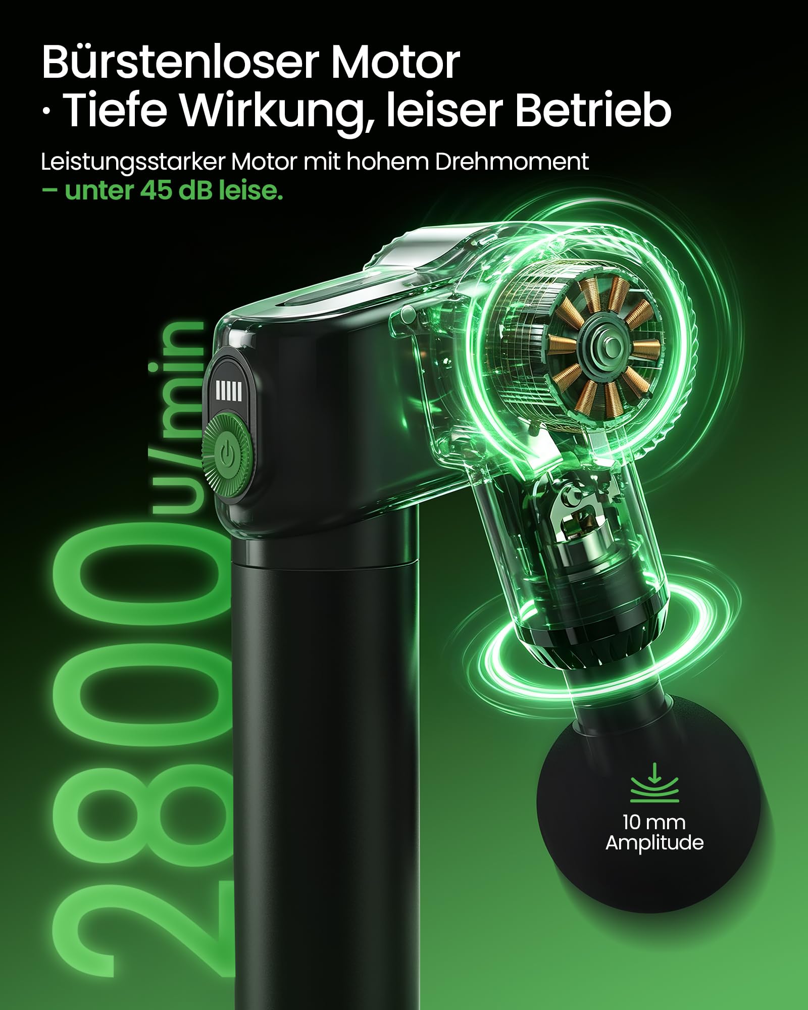 Faltbare Massagepistole mit Verlängerungsgriff für Rücken | Massagegerät mit 5 Einstellbaren Winkeln, Massage Gun 10 mm, 2800 U/min, 5 Geschwindigkeiten, 5 Aufsätzen, Tragetasche