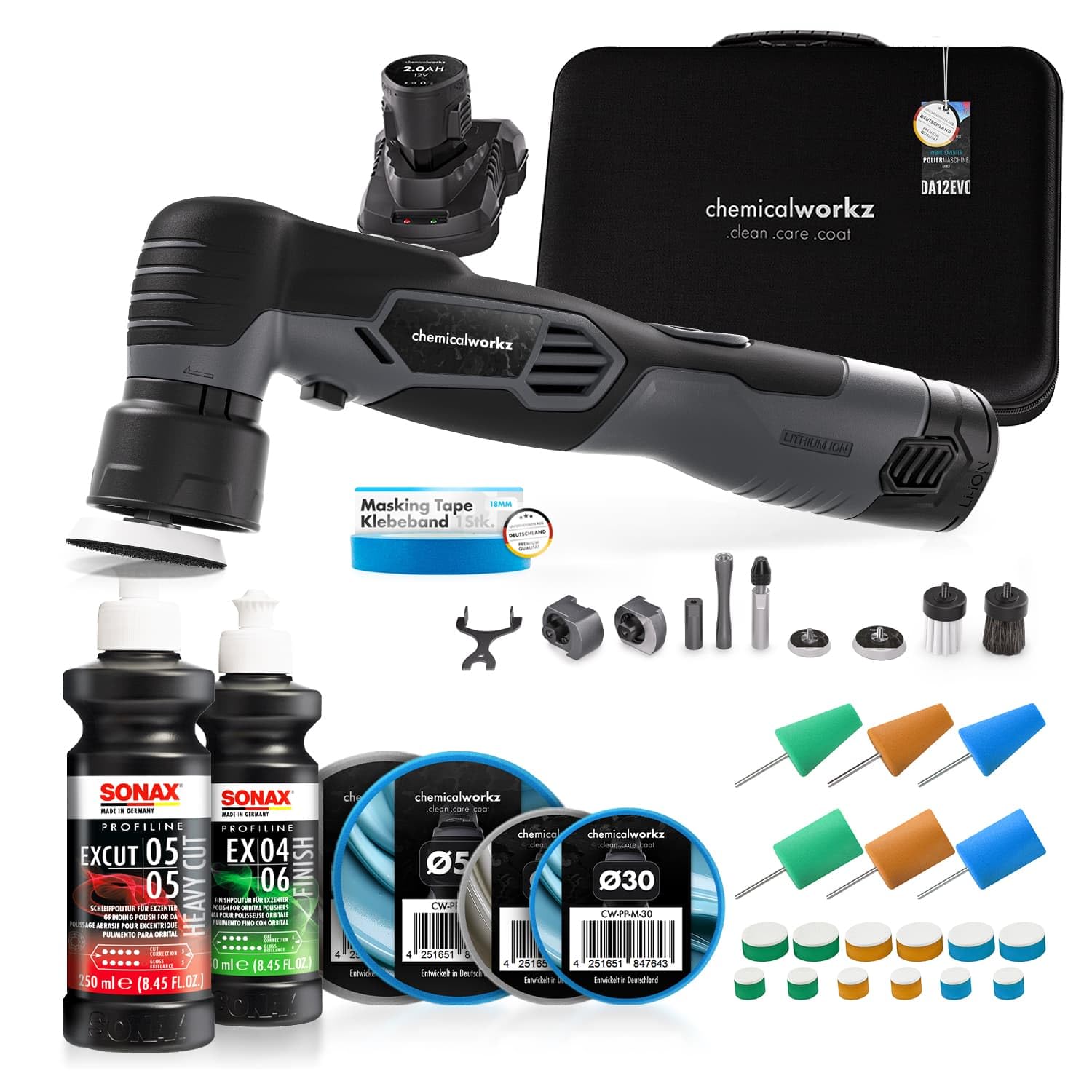 chemicalworkz EVO Mini Akku Poliermaschine 25-teiliges Set I Exzenter & Rotation I mit Akkus Adaptern Stütztellern Pads Sonax-Polituren und Zubehör