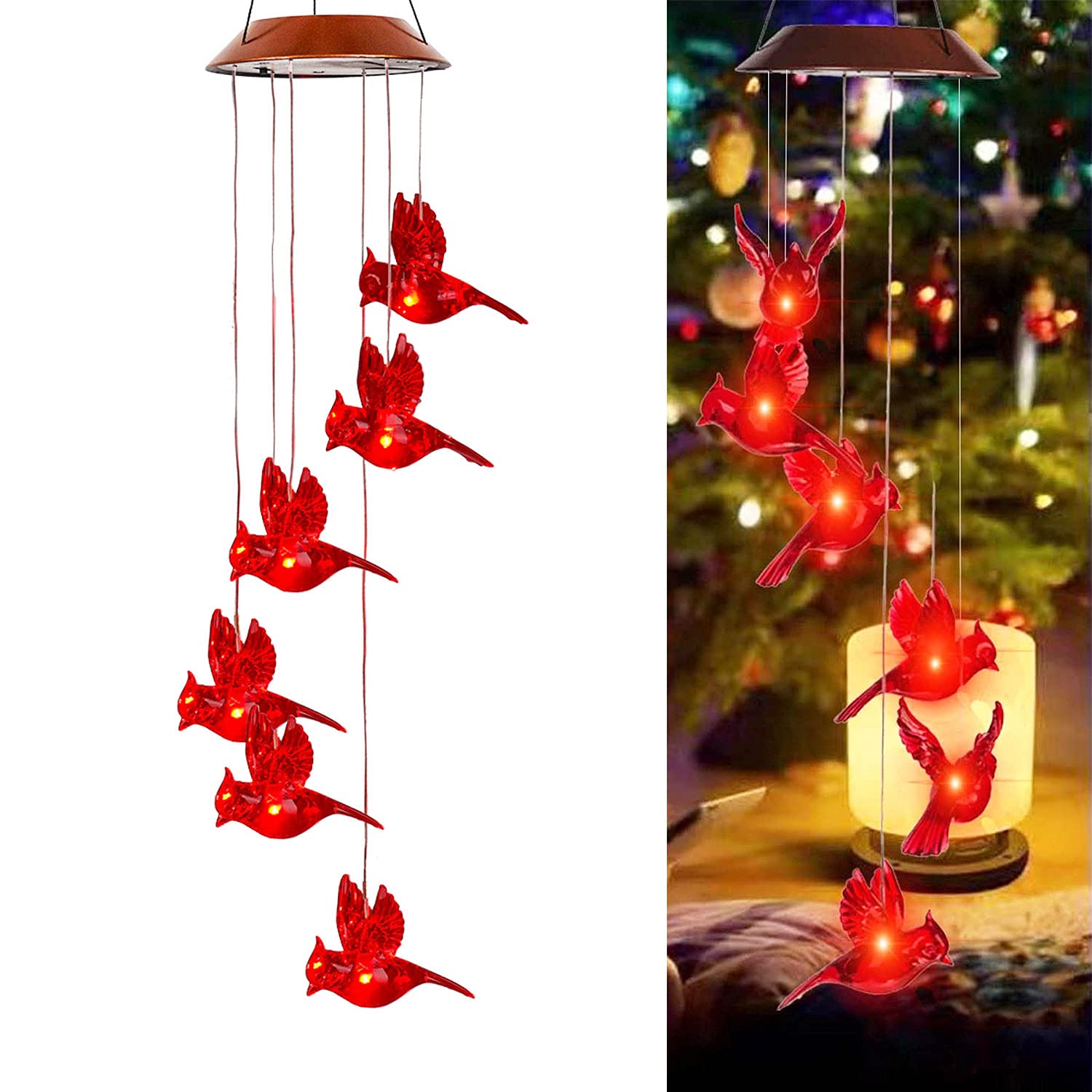 Wind Chime Solar Chimes Changing Color Solar Waterproof Wind Bell Light Mobile Bell Chime for Home Party Night Garden Patio Decoration,Red Bird Cardinal Bird,Gift for Mom