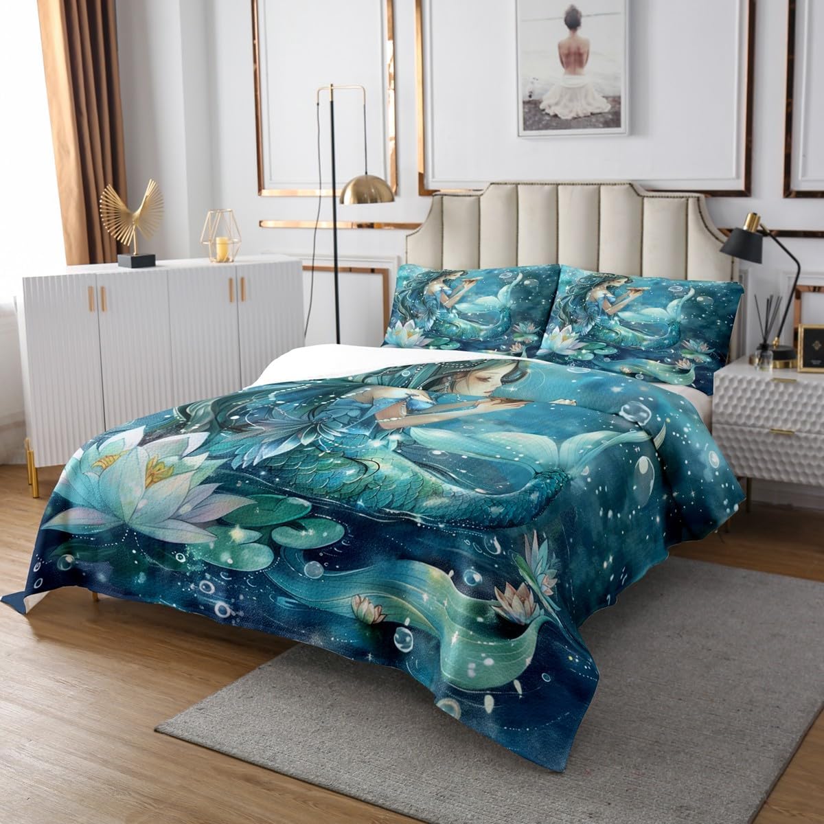 Manfei Blue Mermaid Kids Bedspread King Size, Lotus Flower Mermaid Girl Coverlet Set for Princess Women Room Decor, Caroon Mermaid Quilted Coverlet with 2 Pillowcases, Soft Polyester Bedding Quilt