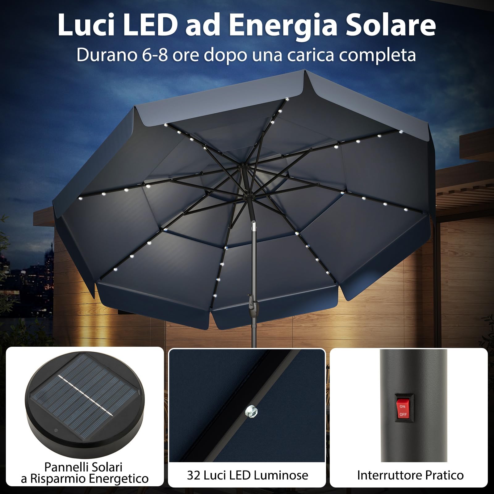 COSTWAY Ombrellone da Giardino 300 cm, 32 Luci Led Solari, con Regolazione Inclinazione, Manovella e 8 Stecche, Anti-UV, Tettuccio Ventilato a 3 Livelli (Blu, 32 Luci)
