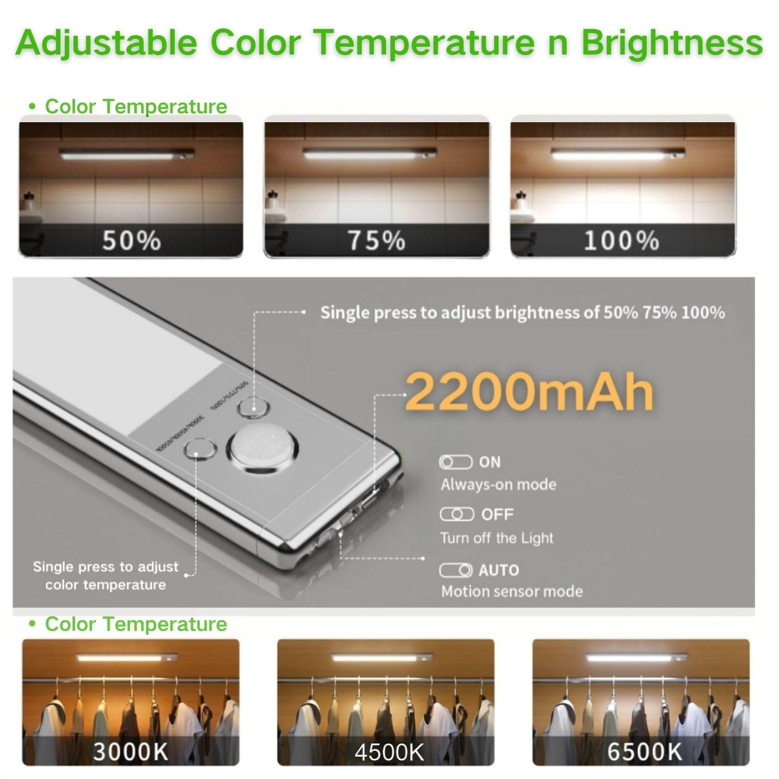 Bewegungssensor-Unterschrankbeleuchtung, magnetisch, wiederaufladbar, Schrankleuchten für Küche, Treppen, Kleiderschrank, 3-farbige dimmbare LED-Untertischbeleuchtung, kabelfreie