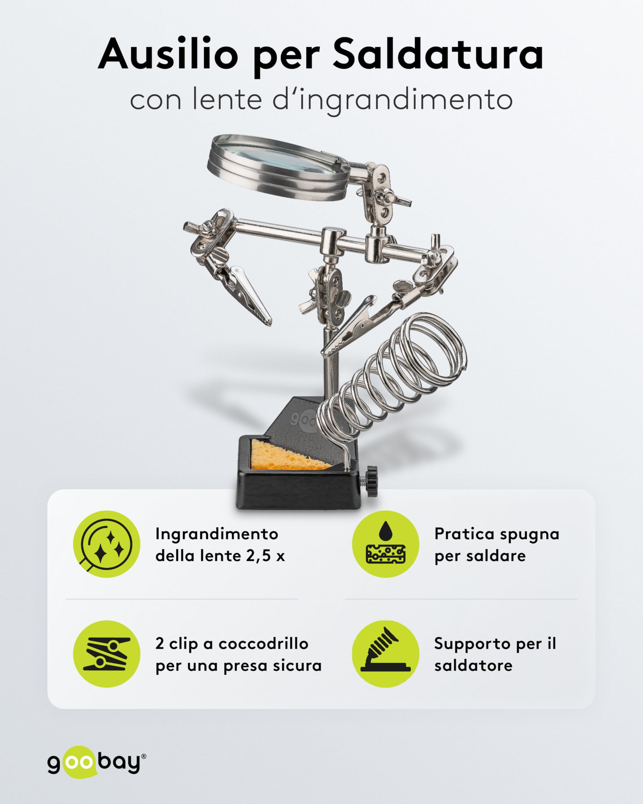 goobay Terza mano lente d'ingrandimento supporto saldatore ingrandimento 2,5x morsetti a coccodrillo flessibili base robusta