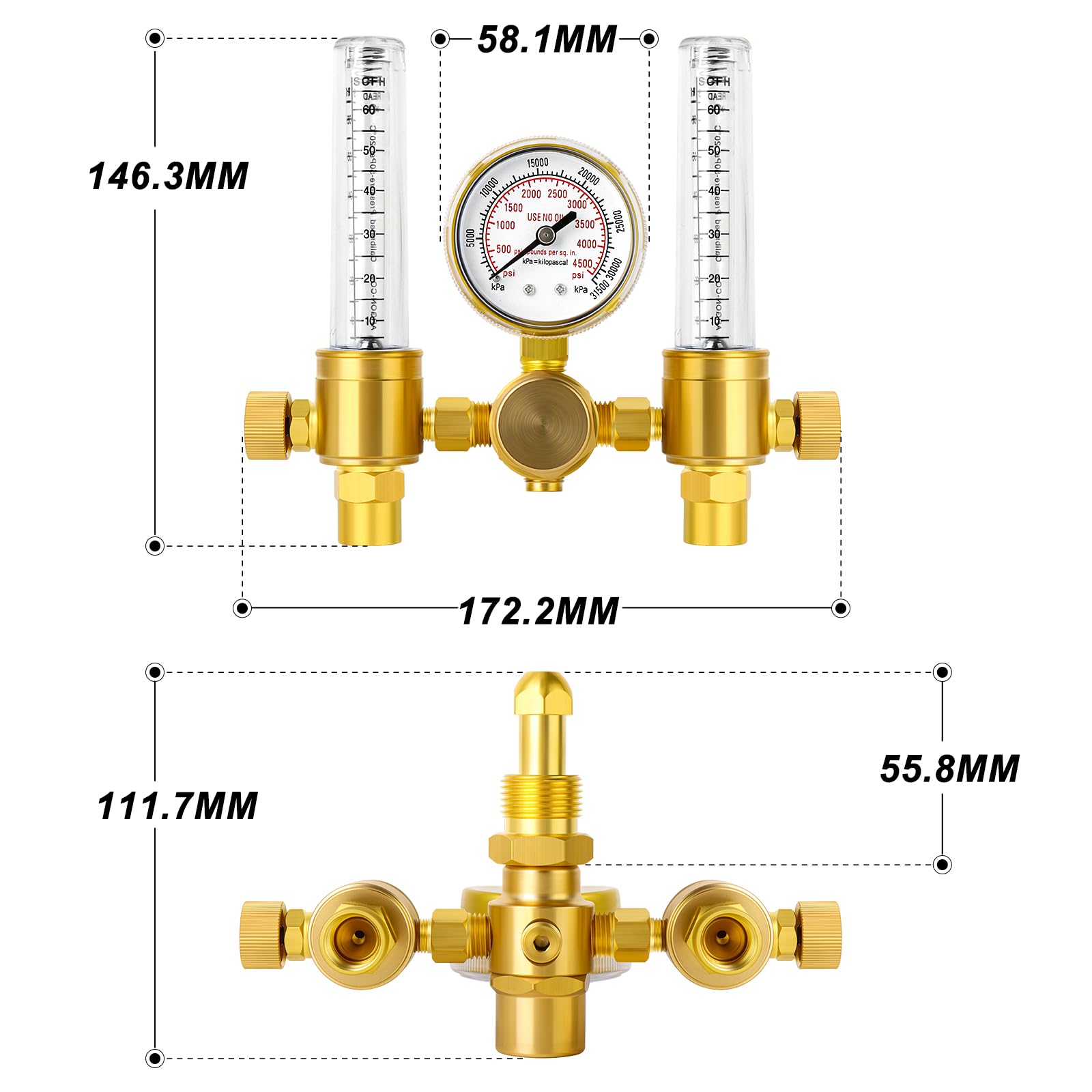 MEANLIN MEASURE Medidor de flujo del regulador de argón con manguera 2M,CGA580 Conexión de entrada,5/8" x 18RH Racor de salida,Caudalímetro de soldadura de argón de doble salida para soldador TIG MIG