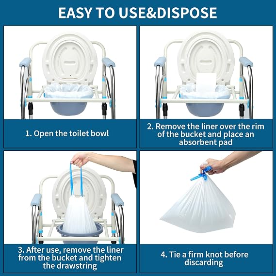 Commode Liners with Absorbent Pads | 50Bags+50Pads for Bedside Toilet Chair Bucket | Universal Fit | Bedside Commode Liners and Pads(50Bags + 50Pads)