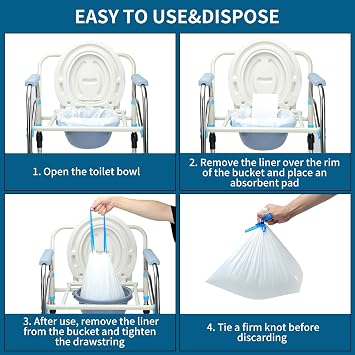 Commode Liners with Absorbent Pads | 50Bags+50Pads for Bedside Toilet Chair Bucket | Universal Fit | Bedside Commode Liners and Pads(50Bags + 50Pads)