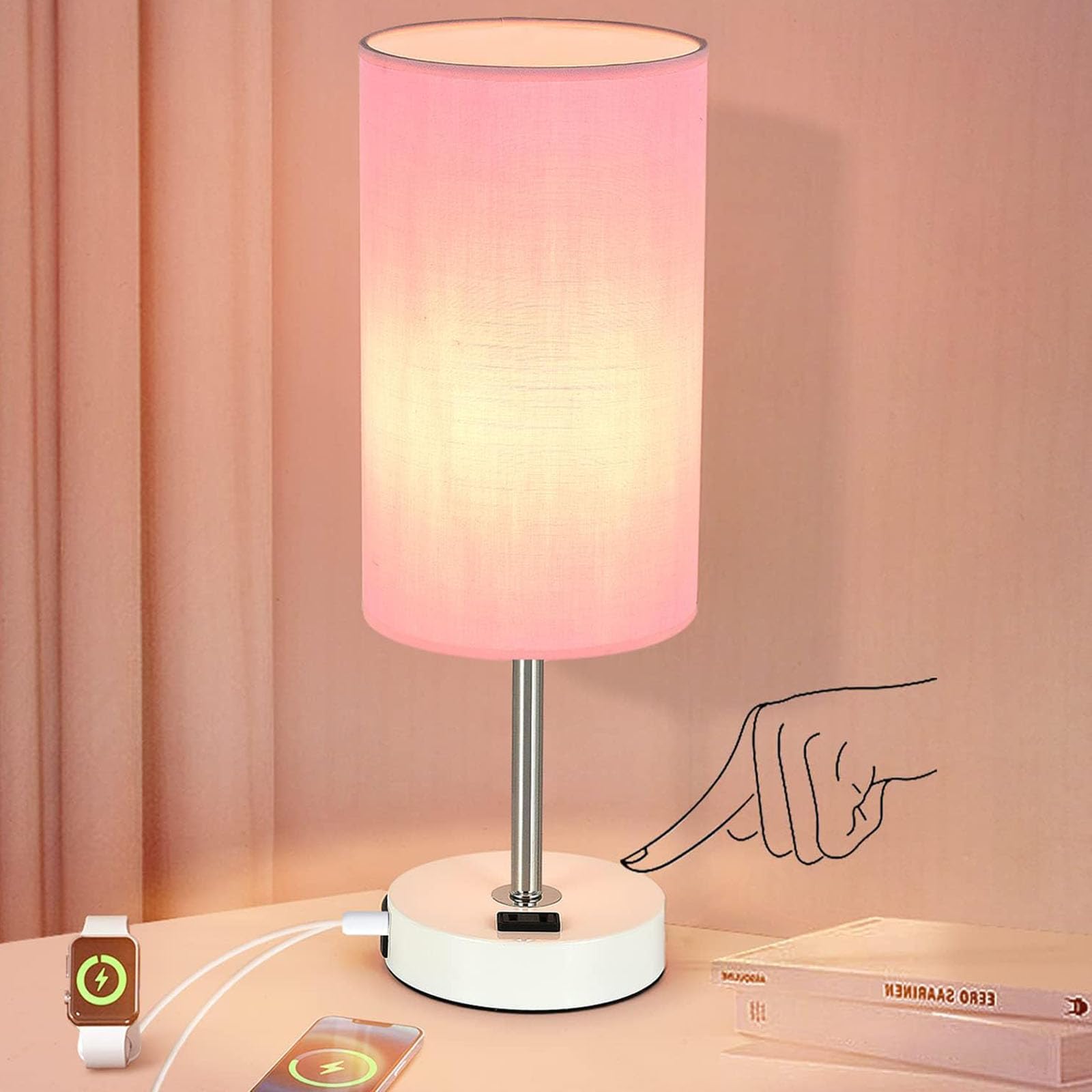 Tischlampe mit USB-Anschluss, Schreibtischlampe, Touch-Lampe, Nachttischlampen für Schlafzimmer, 3-Fach Dimmbar Kleine Lampen für Rosa und Weiß