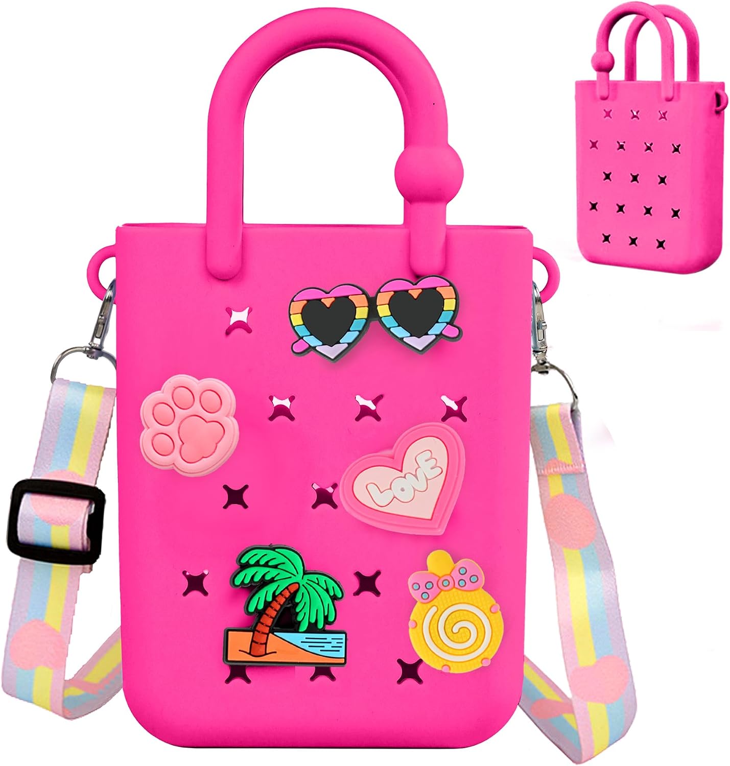 Mini Rubber Tote Bag for Girls & Women, with 20 Charms & Shoulder Strap