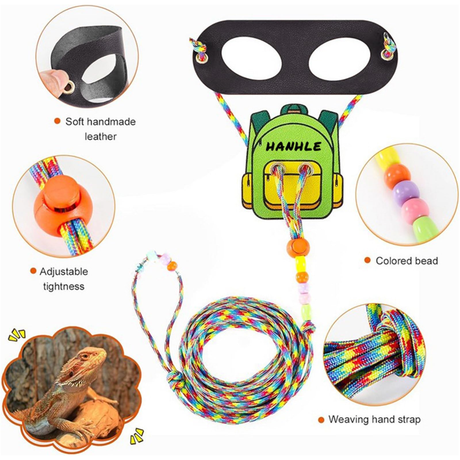 EscapeProof Laisse de lézards réglable pour une marche en plein air sûre Harnais confortable avec aile/sac à dos pour reptiles Laisse réglable Dragon barbu