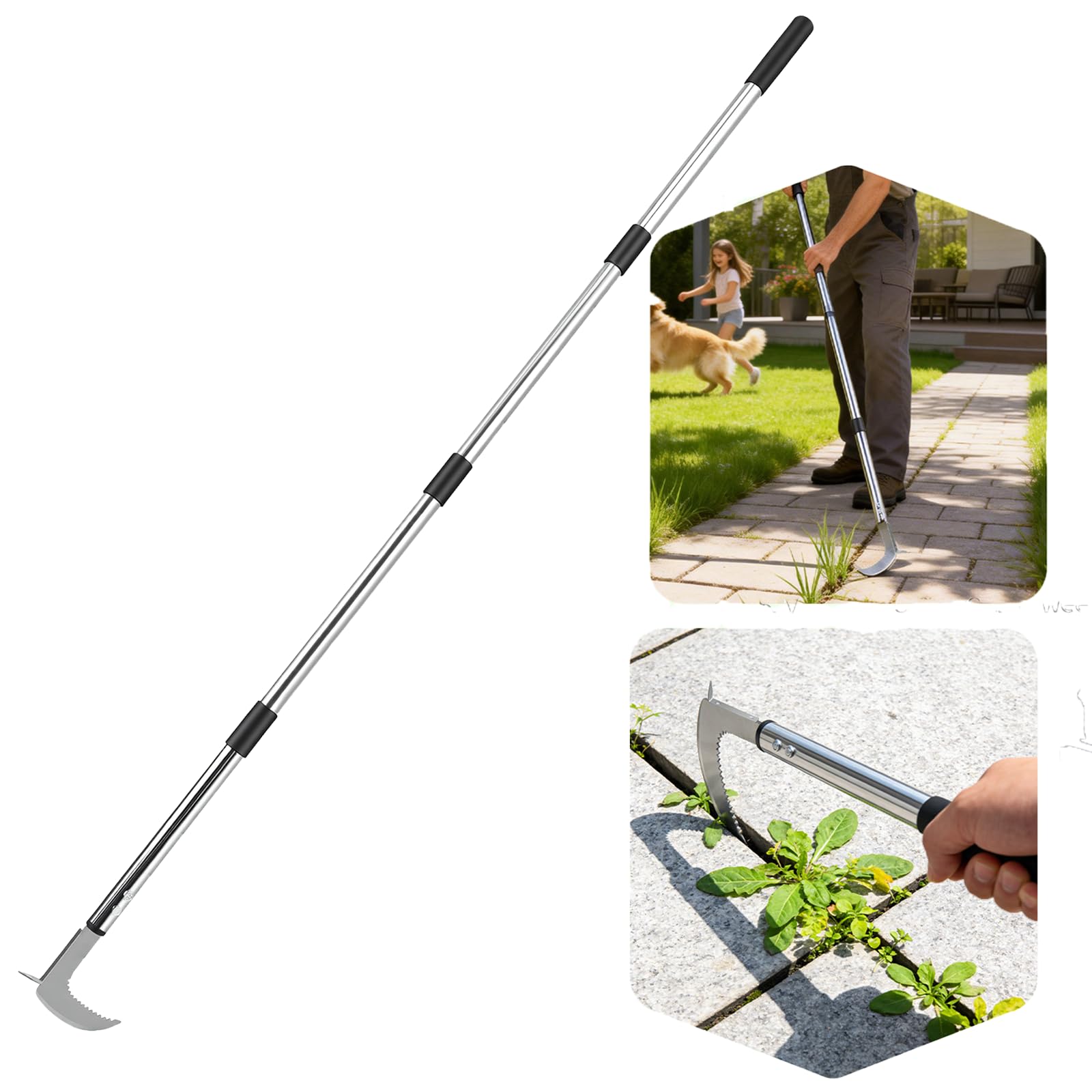 Desherbador Manual con Mango Largo, 60-160 cm Herramientas de Deshierbe con Borde Dentado, Cuchillo de Desmalezado Manual de Acero Inoxidable para Eliminar Musgo y Malas Hierbas