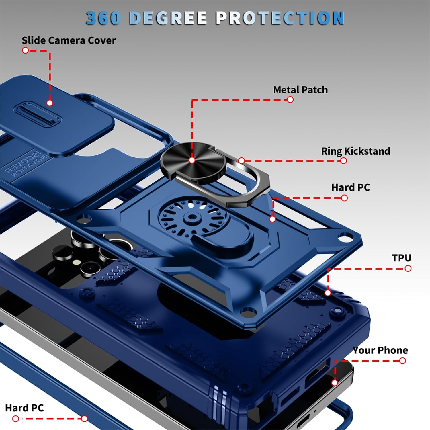 for Samsung Galaxy S25 Ultra Case Military Grade Drop Shock Protection Cell Phone Cover with Slide Camera Cover Built-in 360° Rotate Ring Stand for S25 Ultra 6.8 - Blue - Image 3